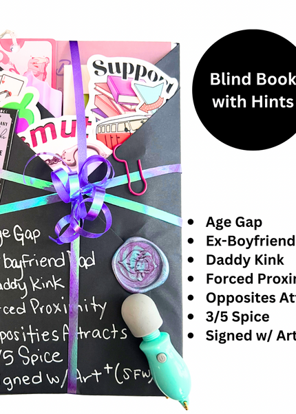 Blind book with hints and a small toy, surrounded by text describing themes.