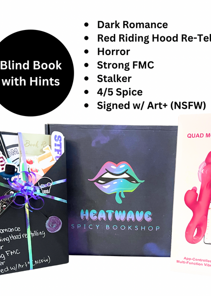 Book with a colorful bow, 'Heatwave Spicy Bookshop' book, and a product with text on a white background.
