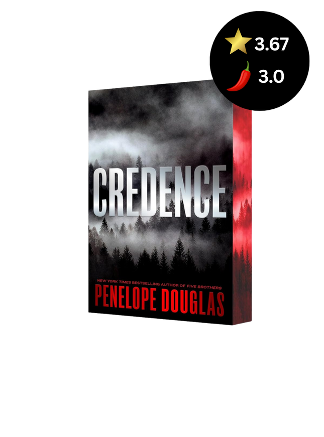 Book titled 'Credence' by Penelope Douglas with a star rating overlay on a white background