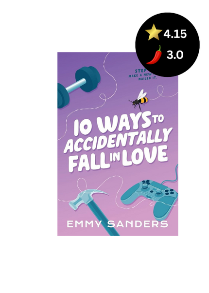 Book cover of '10 Ways to Accidentally Fall in Love' by Emmy Sanders with a purple background and gaming-themed illustrations.