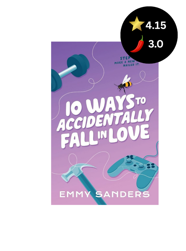 Book cover of '10 Ways to Accidentally Fall in Love' by Emmy Sanders with a purple background and gaming-themed illustrations.