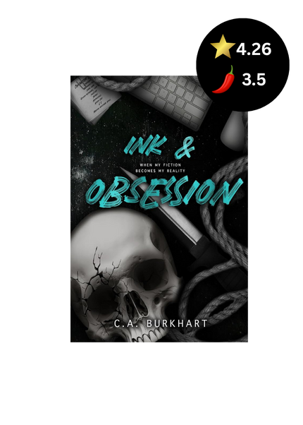 Book cover of 'Ink & Obsession' with a skull and tattoo needle design, on a white background.