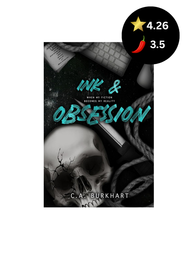 Book cover of 'Ink & Obsession' with a skull and tattoo needle design, on a white background.