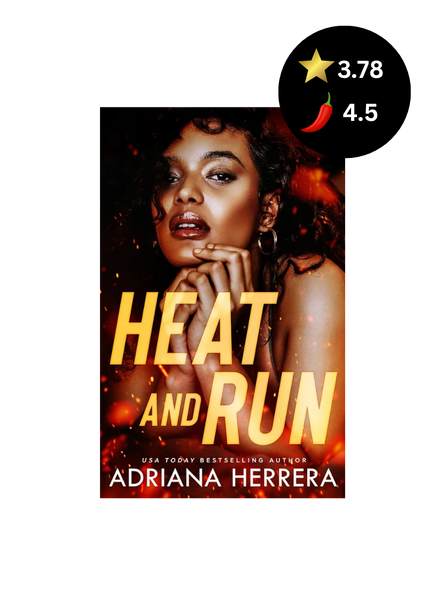 Book cover of 'Heat and Run' by Adriana Herrera with a woman's face and rating on a white background