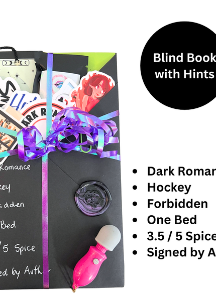 A black blind date with a book package featuring various romance-themed surprises like cards, a purple ribbon, a pink keychain, and a wax seal, with handwritten hints on the front. Text on the right lists the hints and included items.