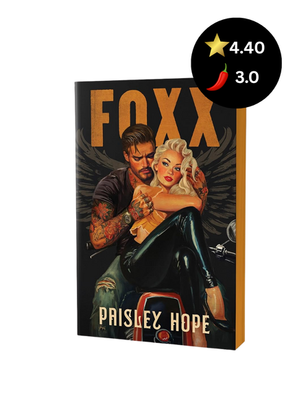 A book cover for 'FOXX' by Prisley Hope, featuring a retro pin-up style illustration of a man and woman embracing. The book is shown at an angle on a plain white background, with a black circular rating badge overlay in the top right showing a star rating of 4.