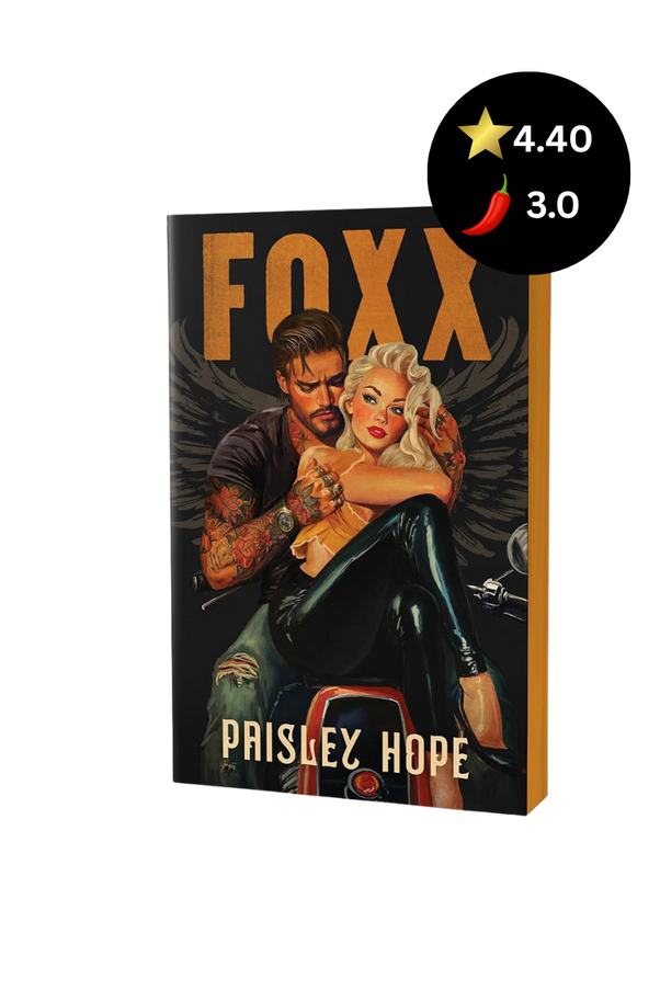 A book cover for 'FOXX' by Prisley Hope, featuring a retro pin-up style illustration of a man and woman embracing. The book is shown at an angle on a plain white background, with a black circular rating badge overlay in the top right showing a star rating of 4.