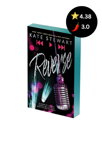 Book cover for the novel 'Reverse' by Kate Stewart, featuring a black background with pink and teal graphic elements and a retro microphone illustration. A black circular rating badge with a star rating of 4.