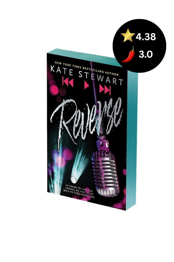 Book cover for the novel 'Reverse' by Kate Stewart, featuring a black background with pink and teal graphic elements and a retro microphone illustration. A black circular rating badge with a star rating of 4.