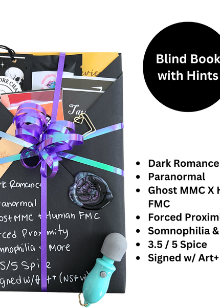 A black blind date with a book gift bag tied with a purple ribbon, shown with text overlays describing the 'Blind Book with Hints' and listing romance and paranormal genre options. A turquoise keychain device is also visible at the bottom right.