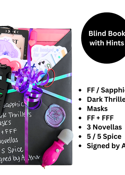A dark mystery blind book package with a black envelope-style cover, colorful ribbon, stickers, cards, and a pink accessory, shown on a white background with text listing included items such as FF / Sapphic, Dark Thrillers, Masks, and 5/5 Spice.