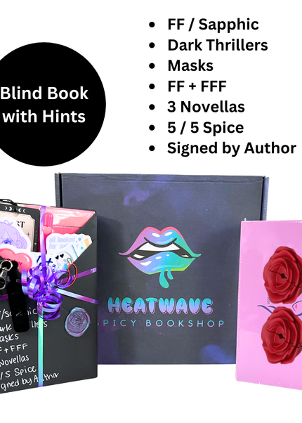 A book gift set from Heatwave Spicy Bookshop featuring a black mystery book bag with a purple bow, a black book box with colorful lips logo, and a pink card with two red roses, alongside a black circle reading 'Blind Book with Hints' and a list of included items.