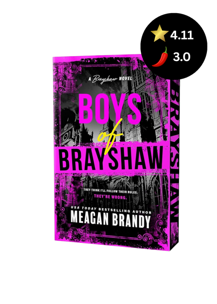 Book cover for 'Boys of Brayshaw' by Meagan Brandy, featuring a black and white cityscape background with bold pink and yellow text, shown on a white background with a black rating badge overlay.