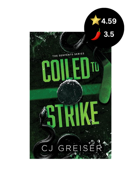 Book cover for 'Coiled to Strike' by CJ Greiser, featuring a dark green and black design with a coiled snake and bold lime green title text. A black circular rating badge with a star and chili pepper graphic is positioned in the top right corner.