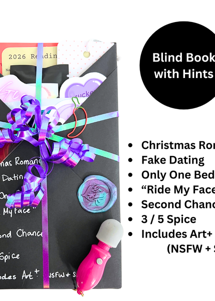 A black blind date envelope gift box with a purple ribbon, featuring various romantic surprises like a pink toy, a wax seal, and cards, alongside text listing themes and spice levels on a white background.