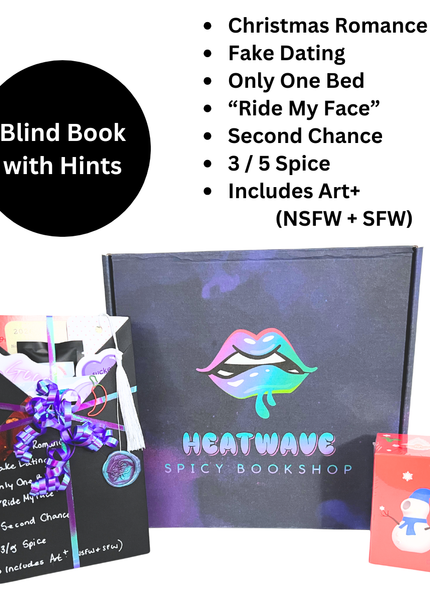 Blind date with hints book package from Heatwave Spicy Bookshop, featuring a dark blue zippered box with a colorful dripping lips logo, a black mystery book with a purple angel illustration, and a small red snowman box, with bullet points of book themes on a white background.