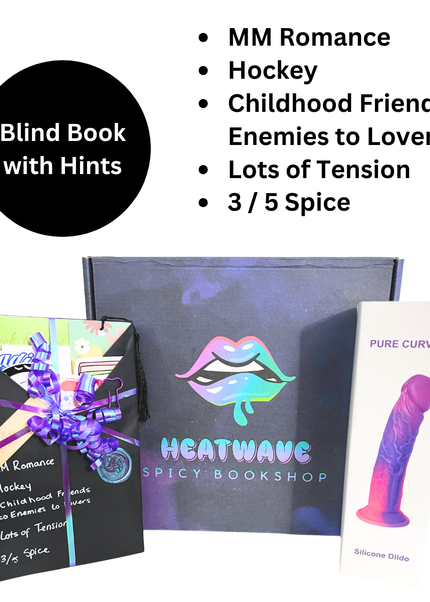 A boxed product set on a white background featuring a black blind book with a purple bow and printed romance-themed description, a dark gray Heatwave Spicy Bookshop box with a colorful lips logo, and a white package for a Pure Curve silicone toy.