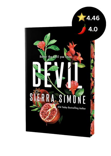 Book cover for 'Devil' by Sierra Simone, featuring a black background with white title text and watercolor illustrations of red flowers and pomegranates. A black circular badge with a star rating of 4.