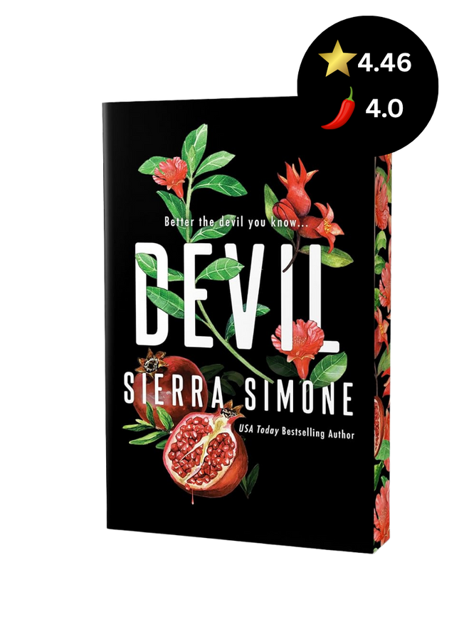 Book cover for 'Devil' by Sierra Simone, featuring a black background with white title text and watercolor illustrations of red flowers and pomegranates. A black circular badge with a star rating of 4.