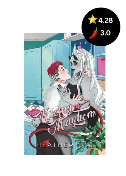 Book cover for 'Mixing Up Mayhem' by Heather Nix, featuring an illustration of a couple embracing in a kitchen, with a black circular rating badge showing 4.28 stars and a 3.