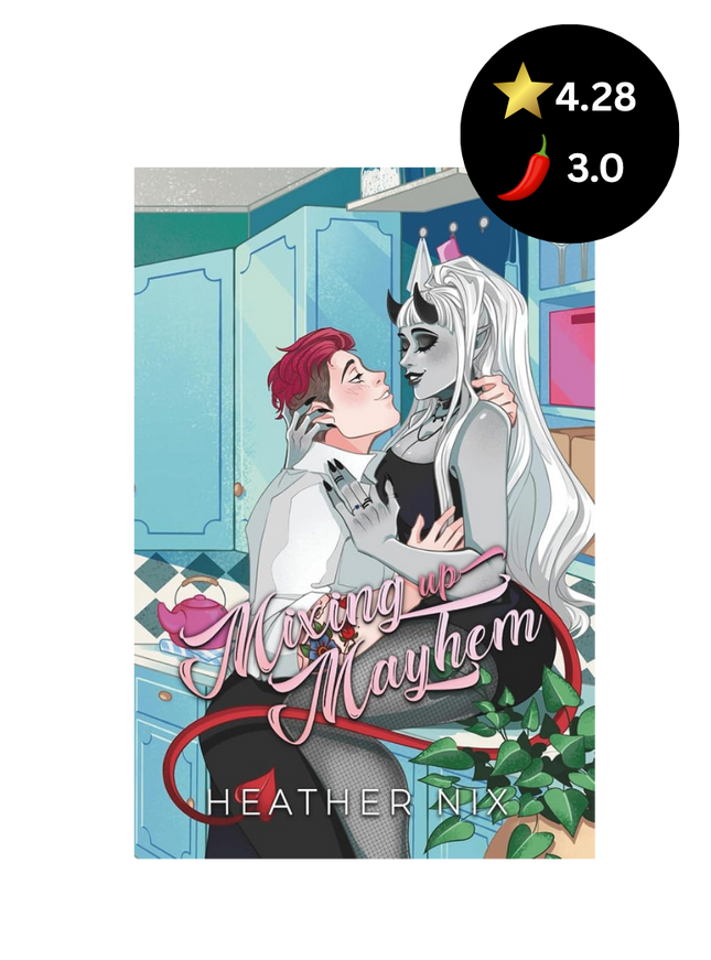 Book cover for 'Mixing Up Mayhem' by Heather Nix, featuring an illustration of a couple embracing in a kitchen, with a black circular rating badge showing 4.28 stars and a 3.