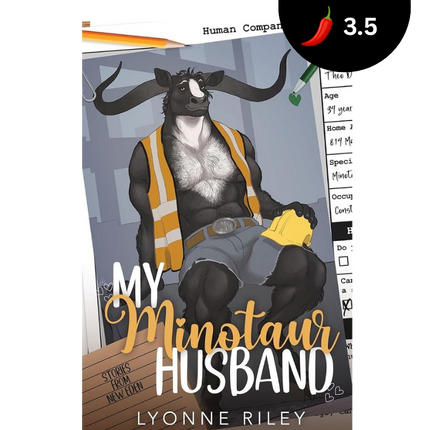 Book cover for 'My Minotaur Husband' by Lyonne Riley, featuring an illustrated black-and-white bull character wearing a yellow safety vest and holding a yellow towel, with a black circular rating badge showing 3.76 stars and a 3.