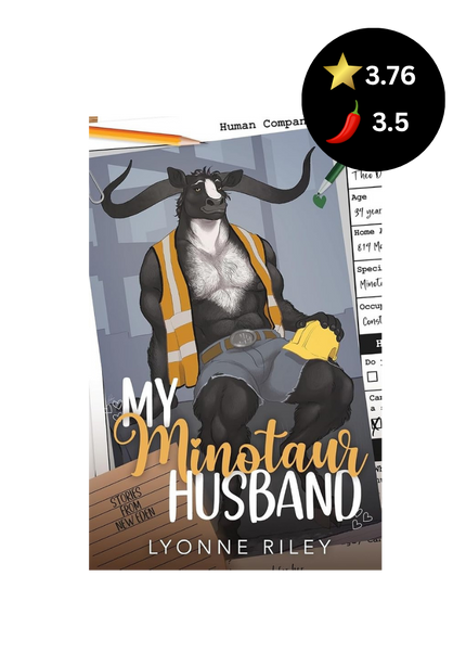 Book cover for 'My Minotaur Husband' by Lyonne Riley, featuring an illustrated black-and-white bull character wearing a yellow safety vest and holding a yellow towel, with a black circular rating badge showing 3.76 stars and a 3.