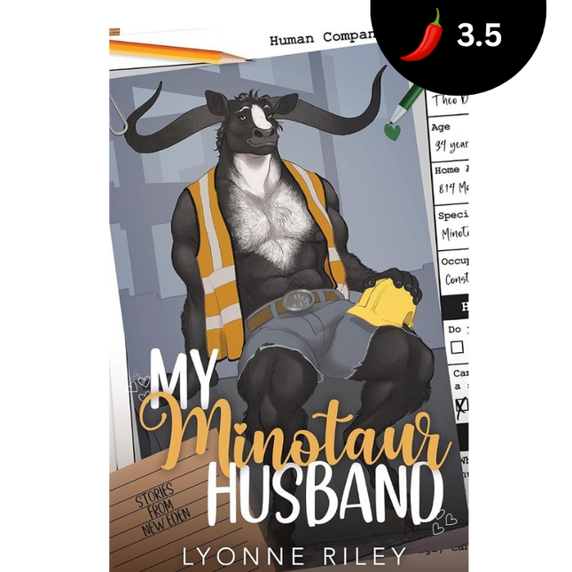 Book cover for 'My Minotaur Husband' by Lyonne Riley, featuring an illustrated black-and-white bull character wearing a yellow safety vest and holding a yellow towel, with a black circular rating badge showing 3.76 stars and a 3.