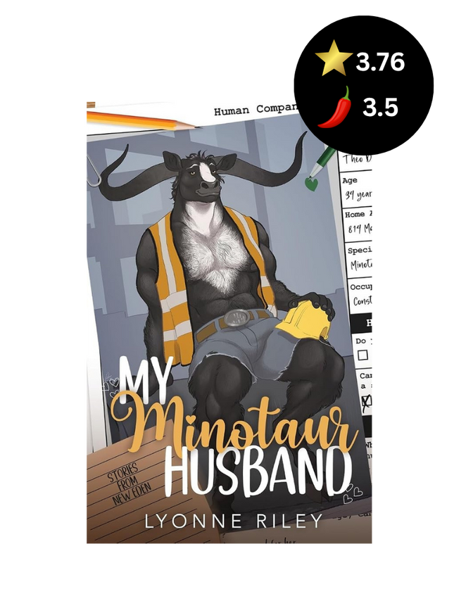 Book cover for 'My Minotaur Husband' by Lyonne Riley, featuring an illustrated black-and-white bull character wearing a yellow safety vest and holding a yellow towel, with a black circular rating badge showing 3.76 stars and a 3.