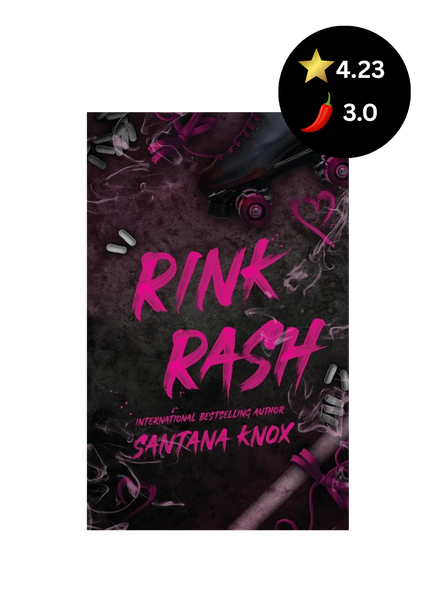Book cover for 'Rink Rash' by Santana Knox, featuring a dark background with pink text and red chili pepper illustrations, shown on a white background with a black rating badge in the top right.
