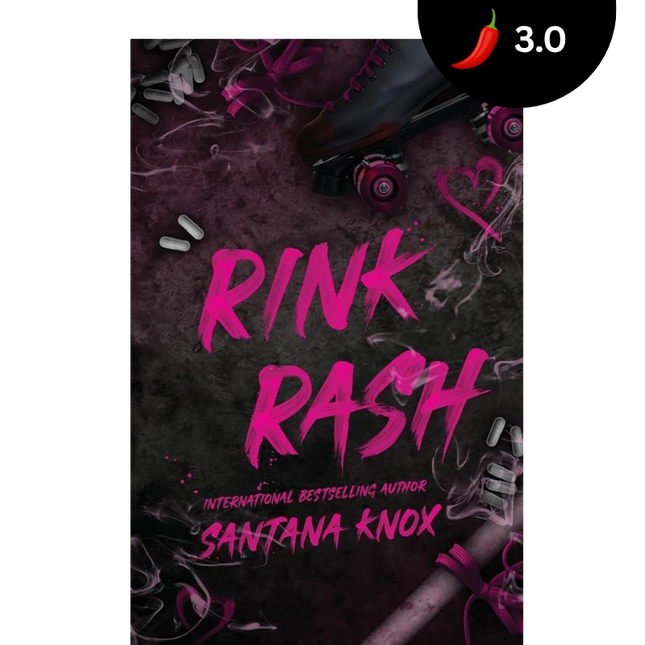 Book cover for 'Rink Rash' by Santana Knox, featuring a dark background with pink text and red chili pepper illustrations, shown on a white background with a black rating badge in the top right.