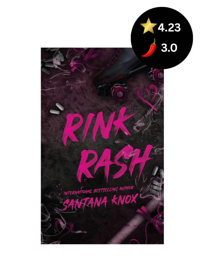 Book cover for 'Rink Rash' by Santana Knox, featuring a dark background with pink text and red chili pepper illustrations, shown on a white background with a black rating badge in the top right.