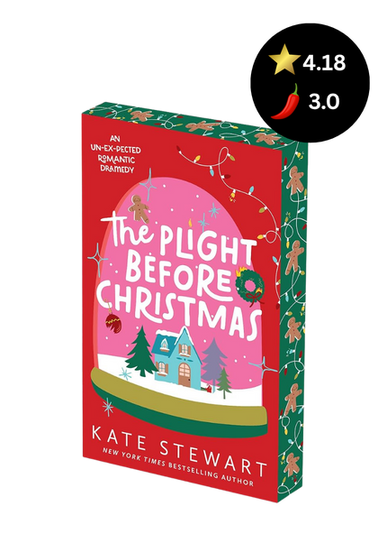 The book cover of 'The Plight Before Christmas' by Kate Stewart, featuring a festive red and green holiday design with a snowy house illustration, shown on a white background with a black star rating badge overlay.