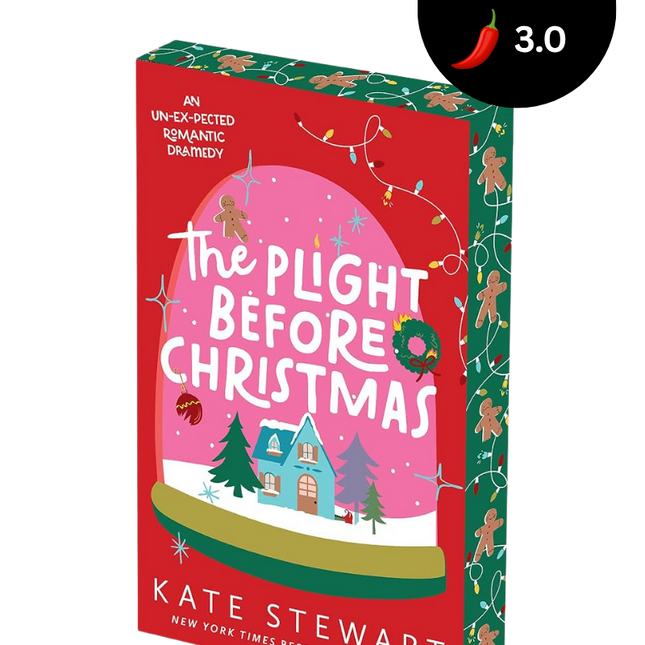 The book cover of 'The Plight Before Christmas' by Kate Stewart, featuring a festive red and green holiday design with a snowy house illustration, shown on a white background with a black star rating badge overlay.