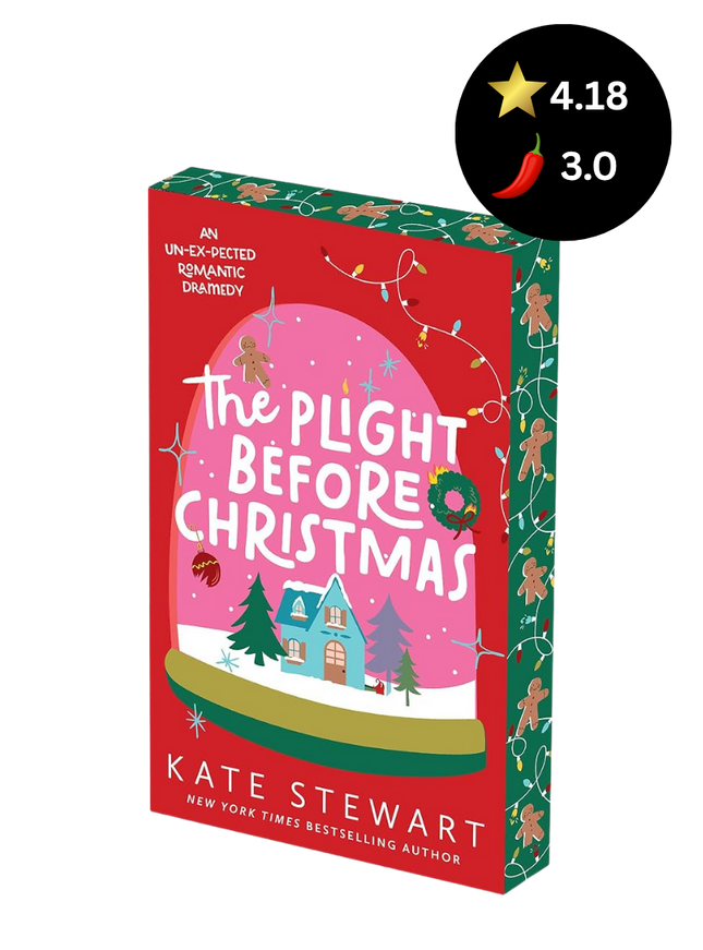 The book cover of 'The Plight Before Christmas' by Kate Stewart, featuring a festive red and green holiday design with a snowy house illustration, shown on a white background with a black star rating badge overlay.