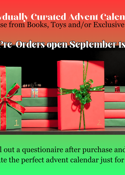 Promotional graphic for an individually curated advent calendar, showing wrapped gift boxes and stacked advent boxes on a shelf. Text at the top reads 'Individually Curated Advent Calendar' and 'Pre-Orders open September 1st!'.